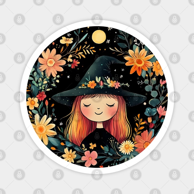 Fiery Red Witch Art – Enchanting Mystical Sorceress Illustration Magnet by TuncGK